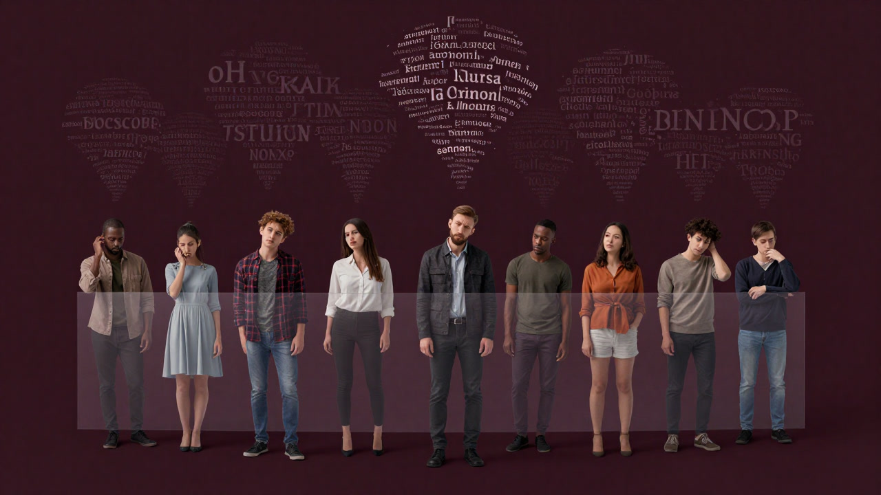 Silhouettes of people lost in front of a transparent wall visualizing different language barriers