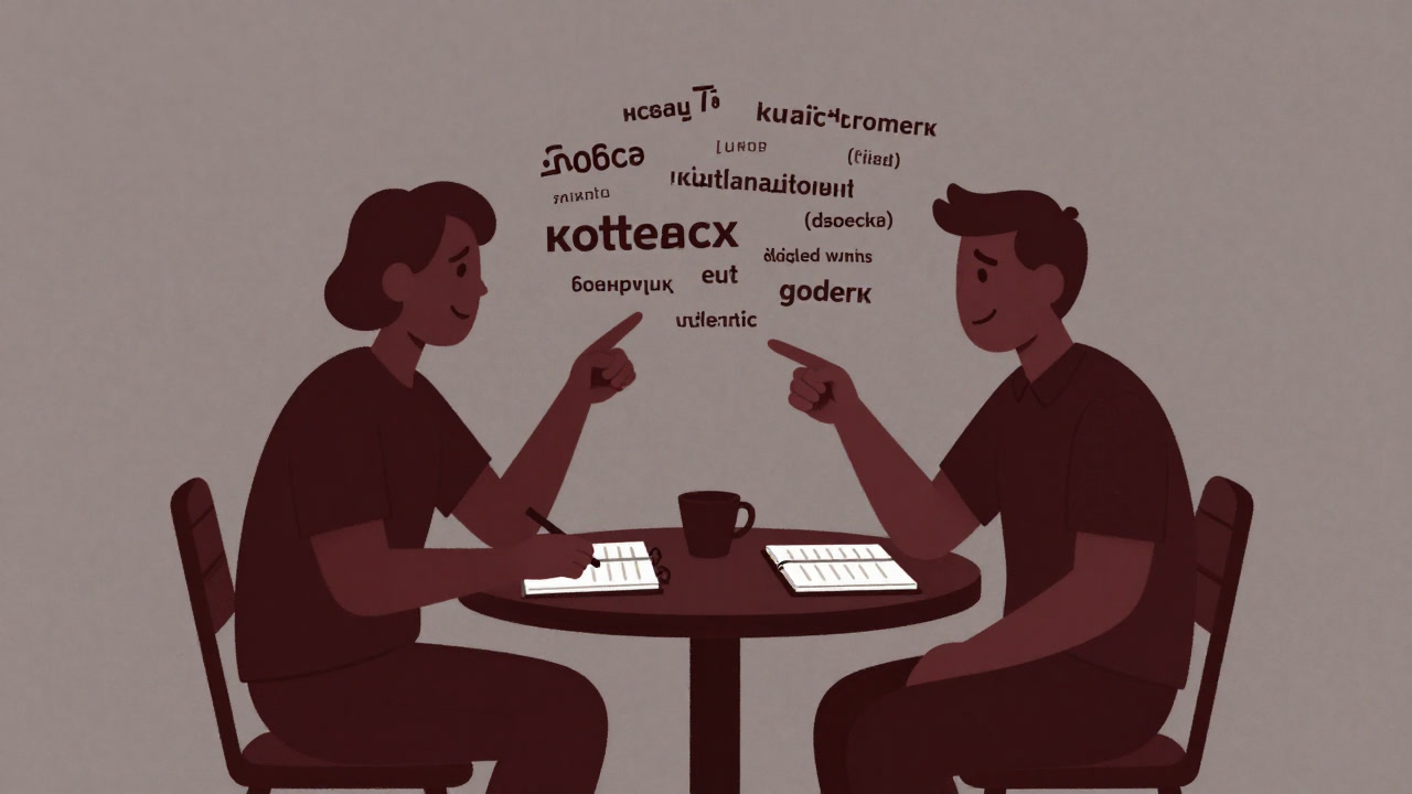 カフェで語学交換をする二人が、互いのノートを見せ合いながらぎこちなく笑う様子