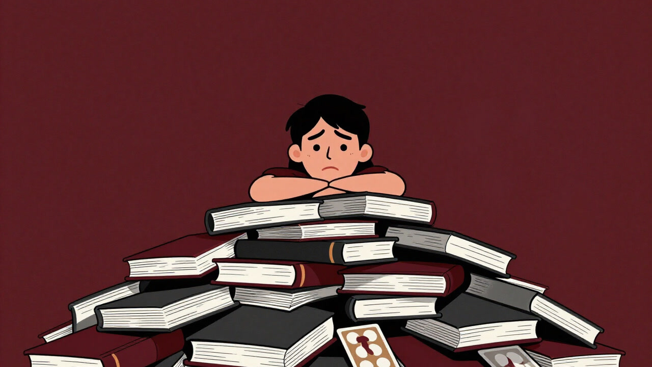 An image of a language learner buried under piles of textbooks and flashcards, staring in despair.
