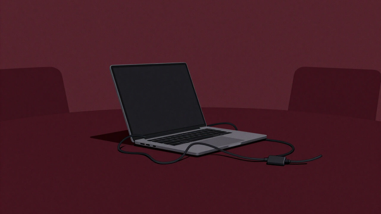 会議室のテーブルに置かれた充電ケーブルに絡まる薄型の金属製箱