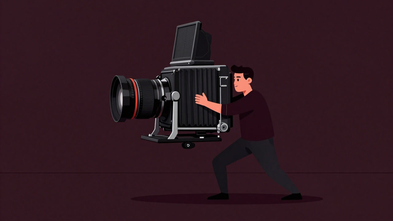 Illustration of a photographer struggling under the weight of a large-format camera