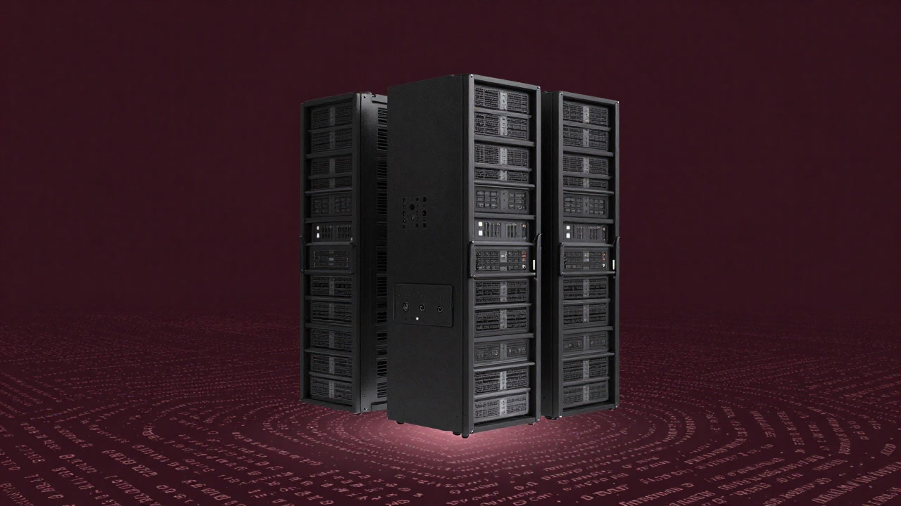 無数の文字列の海に浮かぶ抽象的な頭脳を連想させる大型サーバ群のイメージ