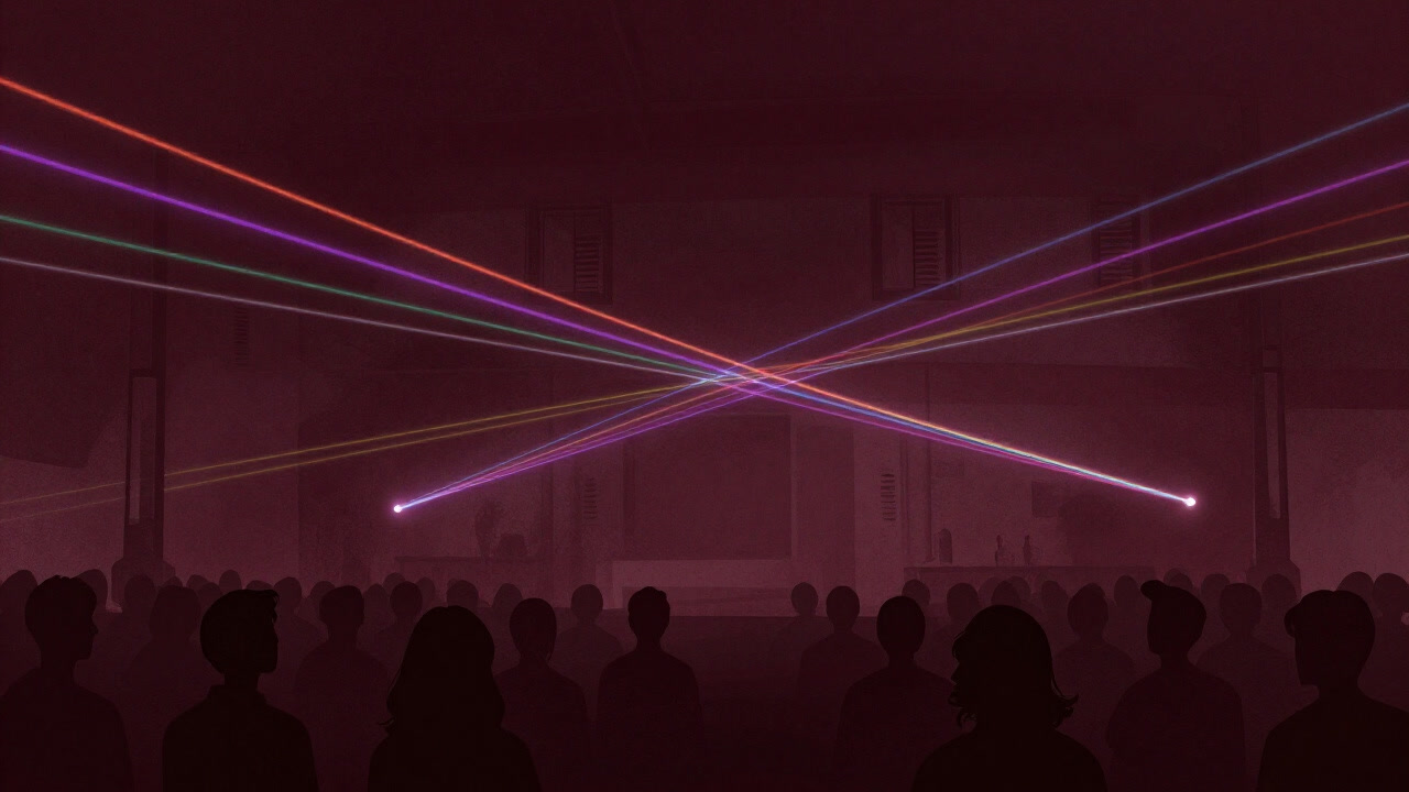 煙に揺れる無数のカラフルなレーザービームが夜空に伸びるシルエット