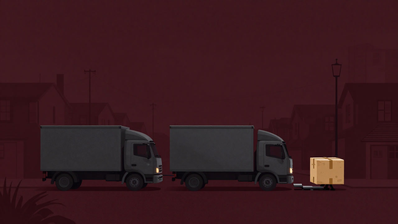 巨大な靴底のように長い配送トラックの行列が住宅街の細い道を埋め尽くし、最後の一歩を踏み出せずに立ち往生する様子