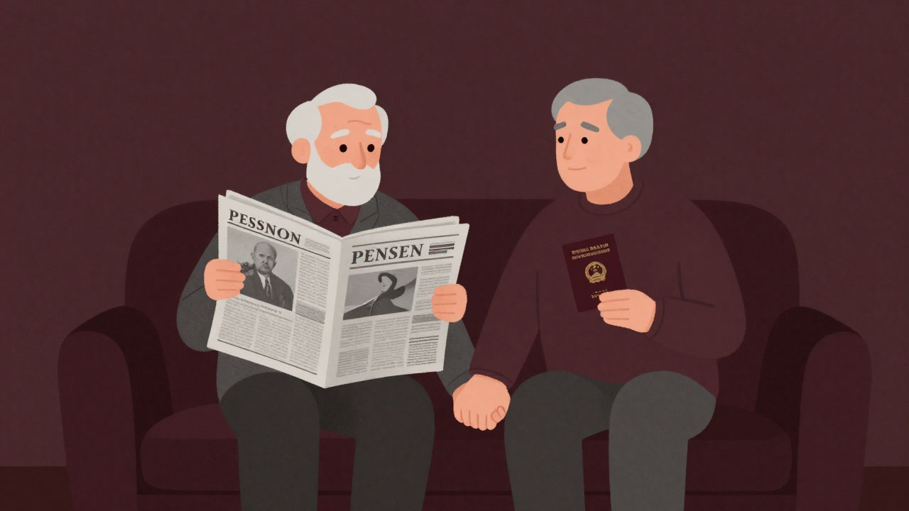 Illustration of a silver-aged couple modestly holding hands, hugging a newspaper and pension booklets.