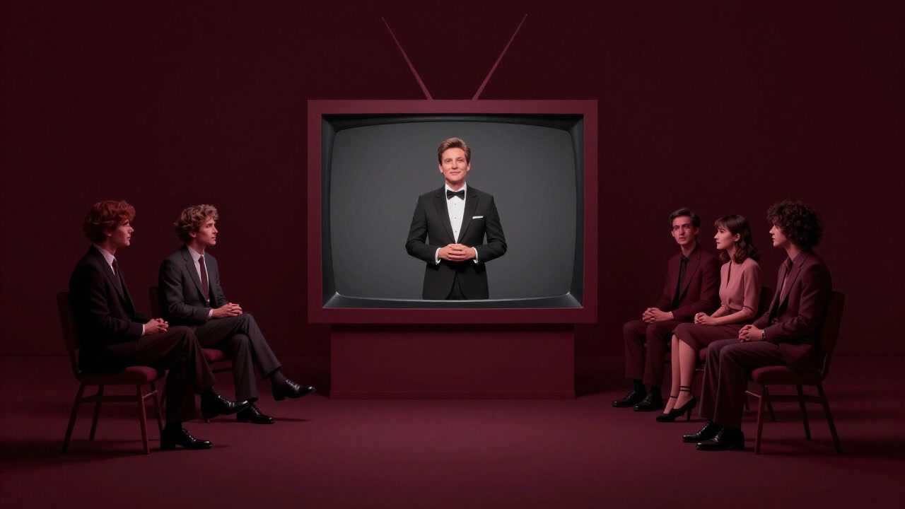 真夜中のスタジオで司会者と奇妙なゲストがネオンに照らされる光景