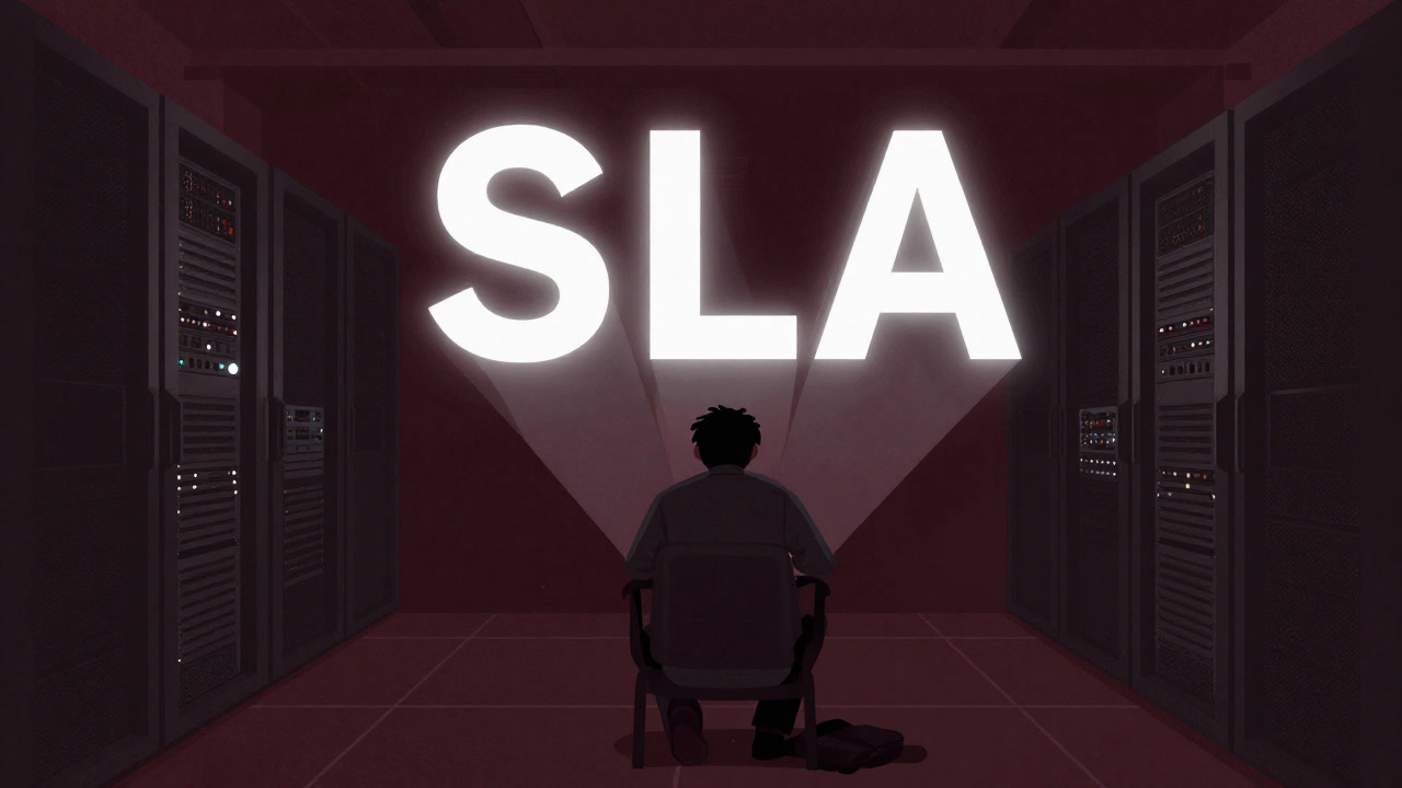暗いサーバールームで焦るエンジニアの背後にSLAの文字が浮かぶイラスト