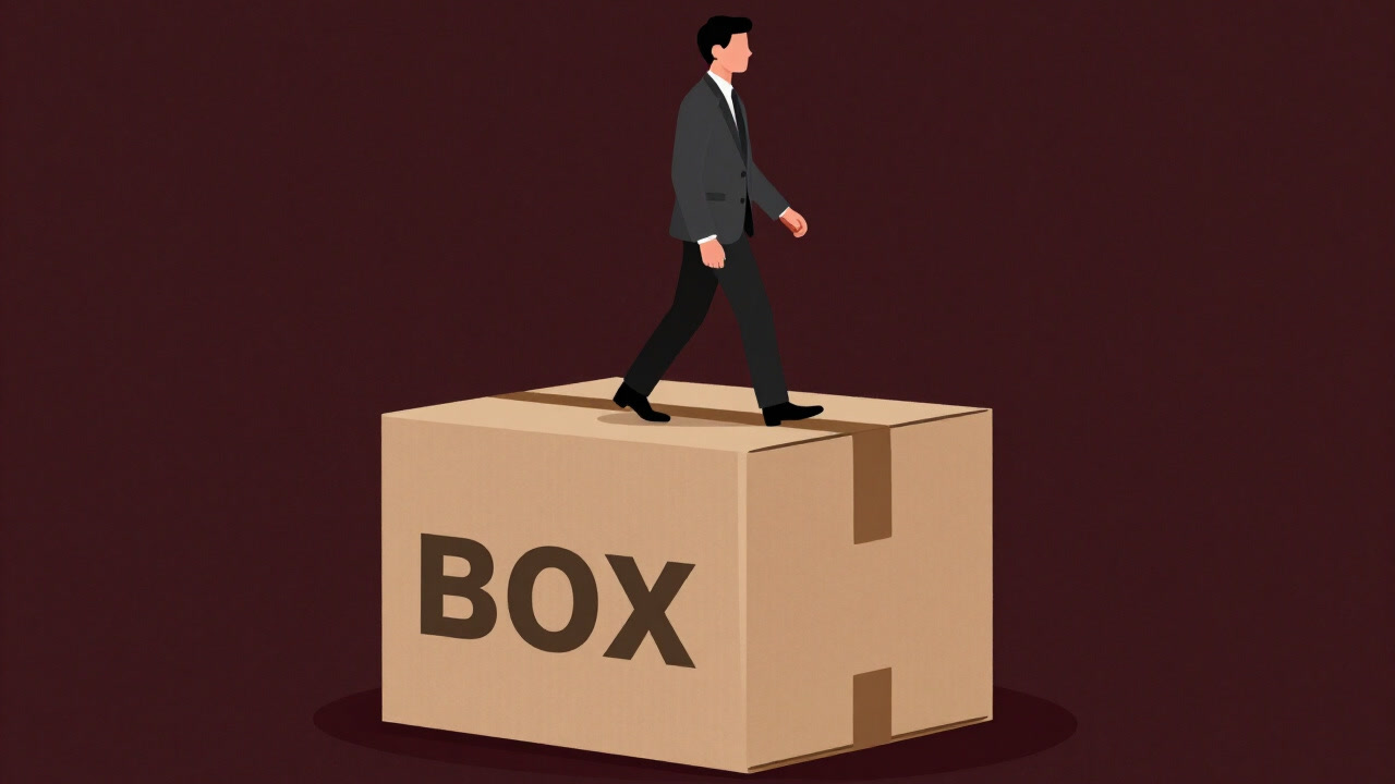 Silhouette of a person walking sideways across a giant box