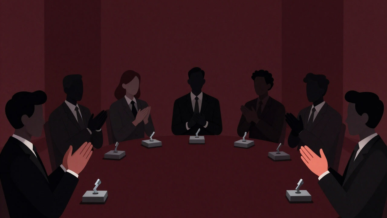 Silhouettes of suited figures in the corner of a meeting room silently pressing applause buttons