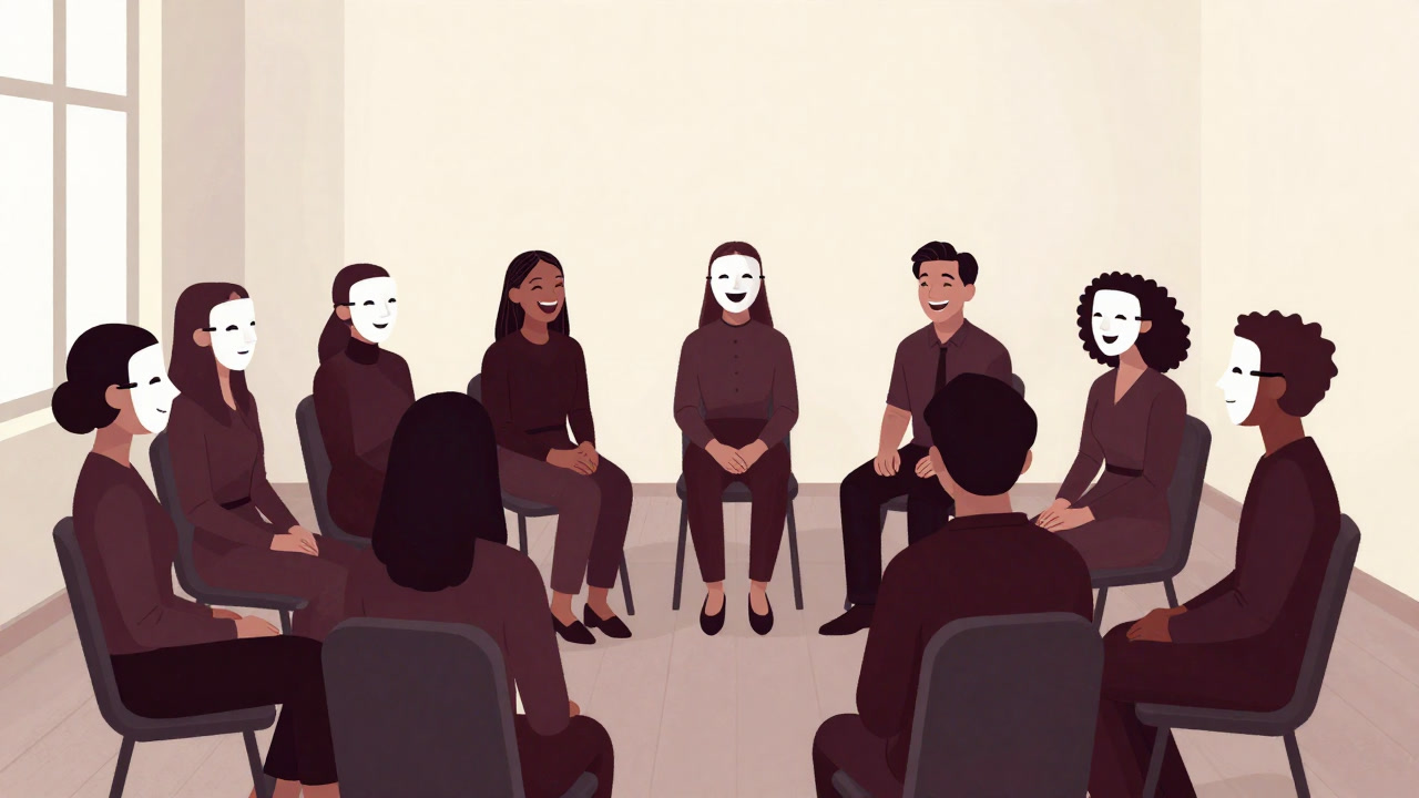 笑いに溢れるセラピーグループが、仮面をつけて嘲笑し合う不気味な様子