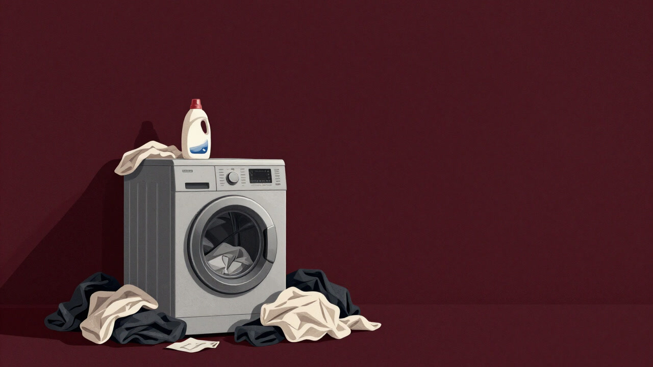 Satirical illustration of an overflowing pile of laundry with a fabric softener bottle staring into void