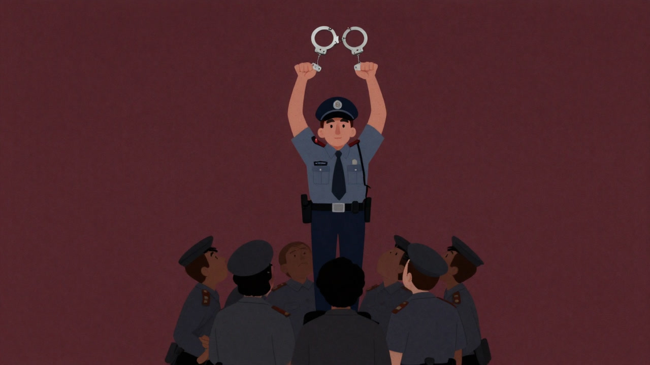 Satirical illustration of a police officer looking down at citizens while holding up handcuffs