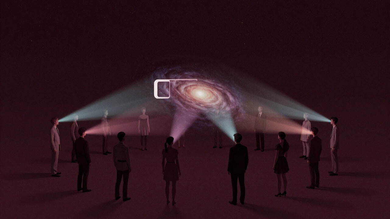 夜空の下、思念の光を放つ人々が円を描いて立ち、中心に巨大な磁石状の宇宙を引き寄せるイラスト