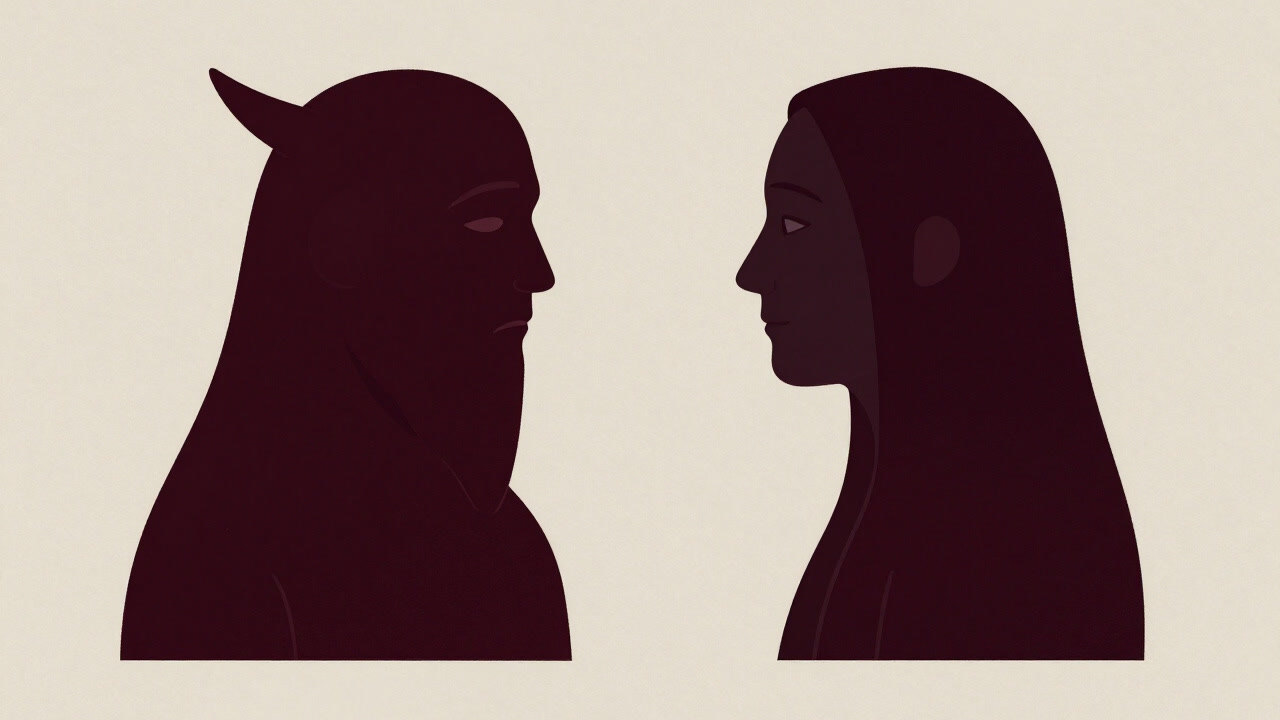 Illustration of a two-faced character simultaneously embodying truth and falsehood
