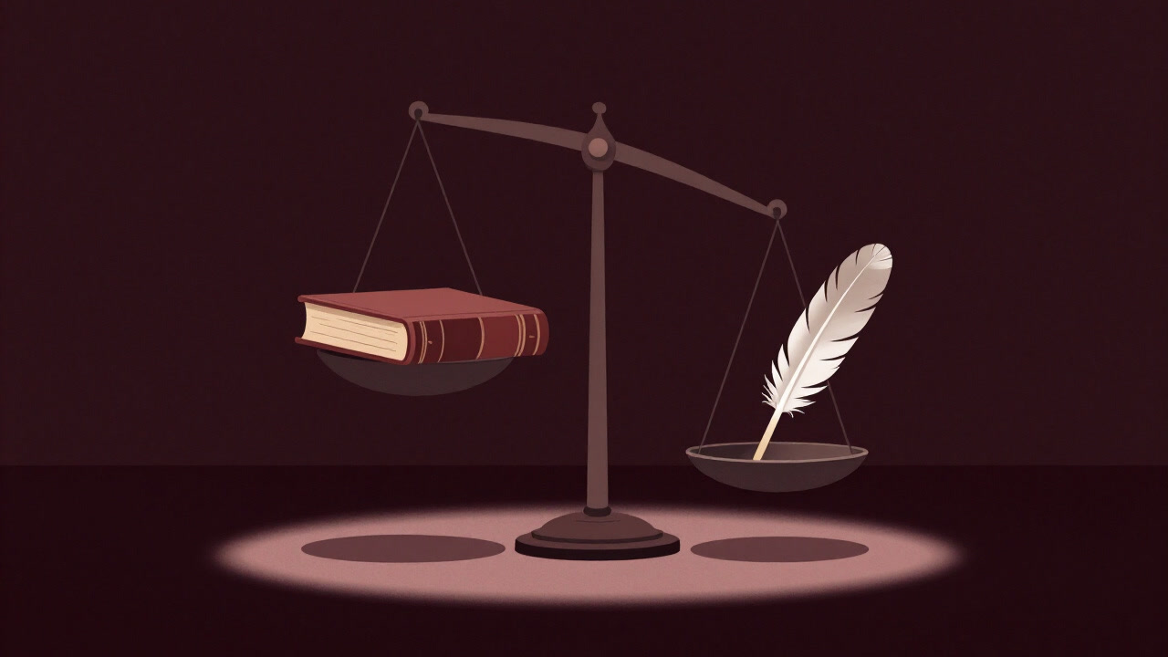 鋭い目を持つ天秤が暗闇で法の書を天秤にかけるイラスト
