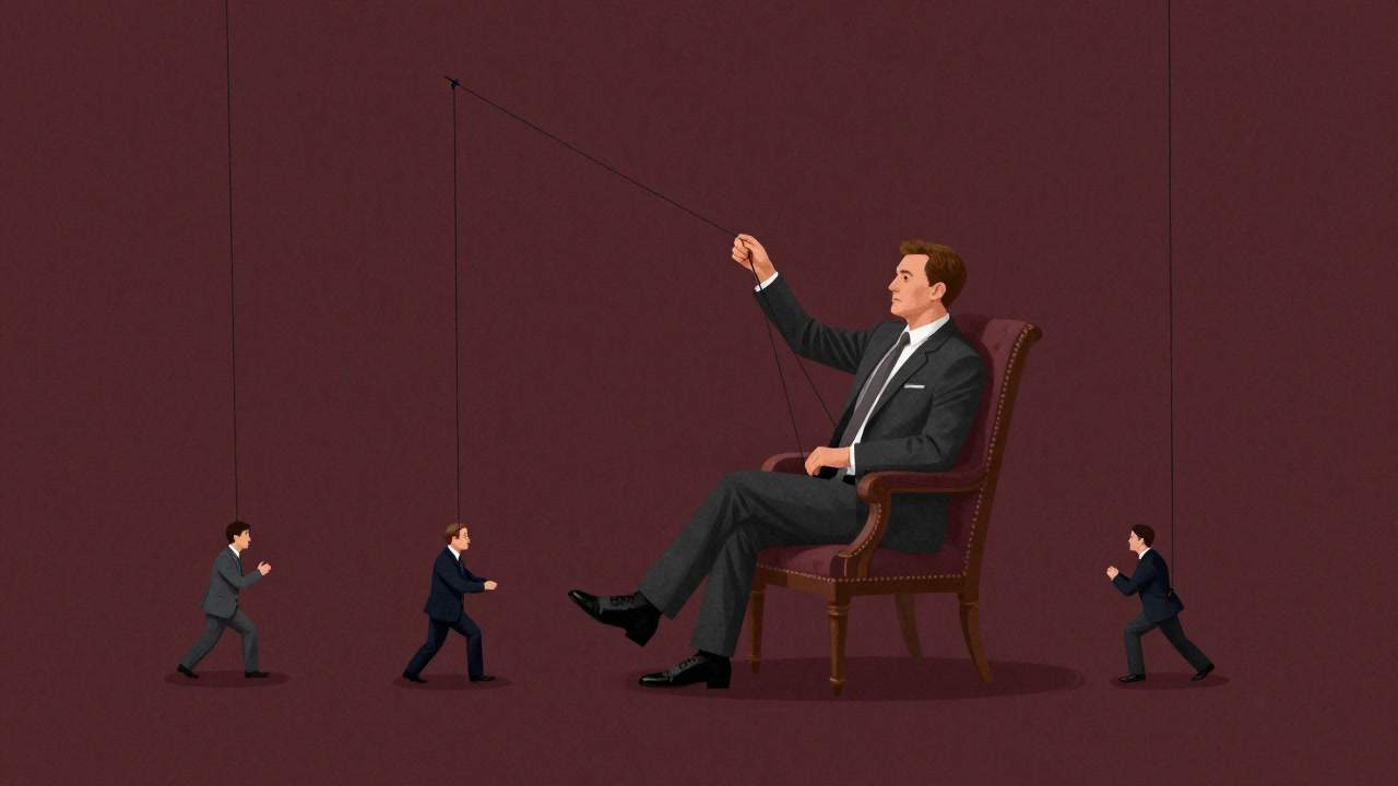 社長室の椅子に腰掛け人形の糸を操るリーダーのイラスト