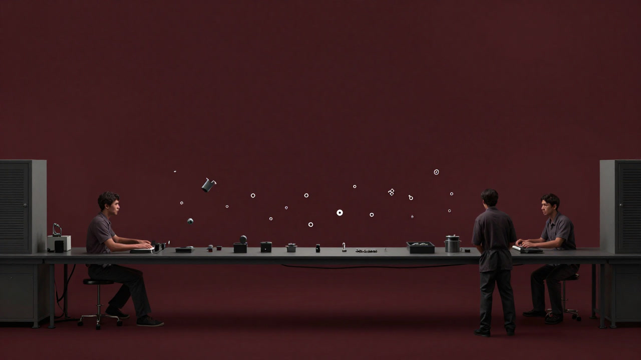 Illustration of a production line where countless small parts orbit in midair, yet the slightest glitch halts the entire line in a tense moment.