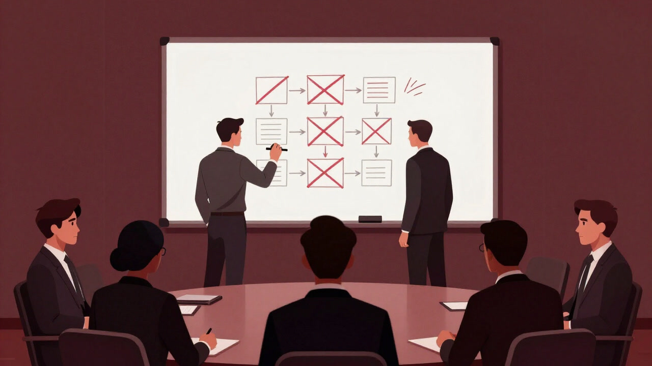 Employees in a sterile conference room furiously erasing wasteful items in red marker on a whiteboard