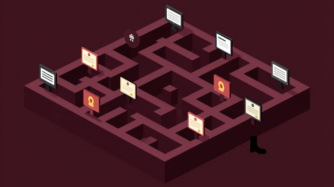 An illustration of a lone boot wandering a maze surrounded by online course icons