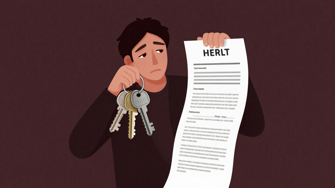 賃貸物件の鍵束を手に、虚ろな表情で契約書を見る人のイラスト