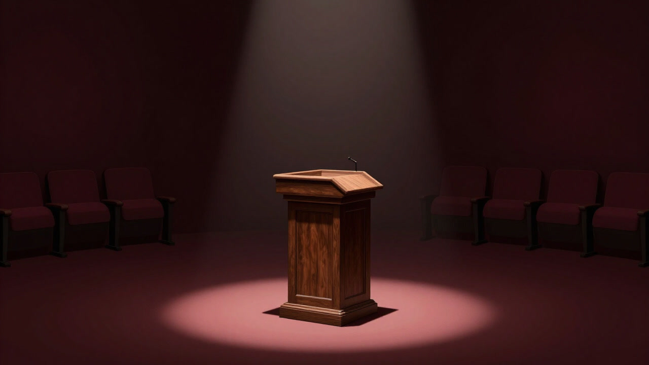 薄暗い講堂の中央で一人ぼっちで光を浴びる古びた朗読台の画像