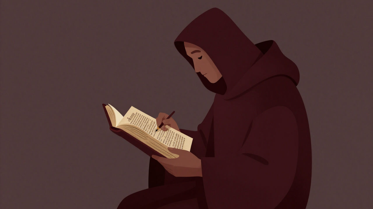 A lone figure in a dimly lit monastery room, obsessively highlighting a large sacred text