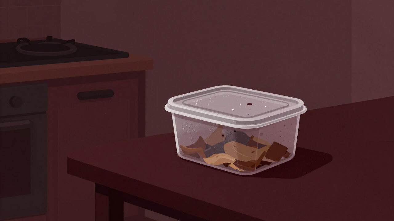 A worn plastic container of leftovers standing quietly in a corner of the table