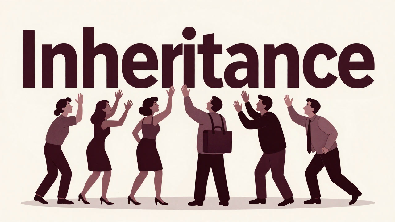 背景に大きく「遺産」と書かれ、その周囲で手を伸ばす親戚たちが群がるイラスト