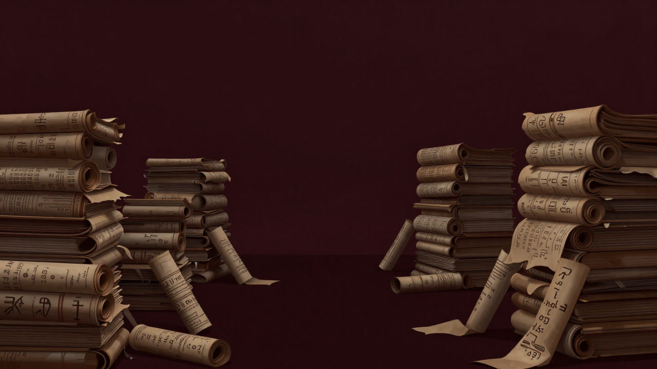 古ぼけたコードの書かれた巻物が埃をかぶって山積みになっているイメージ