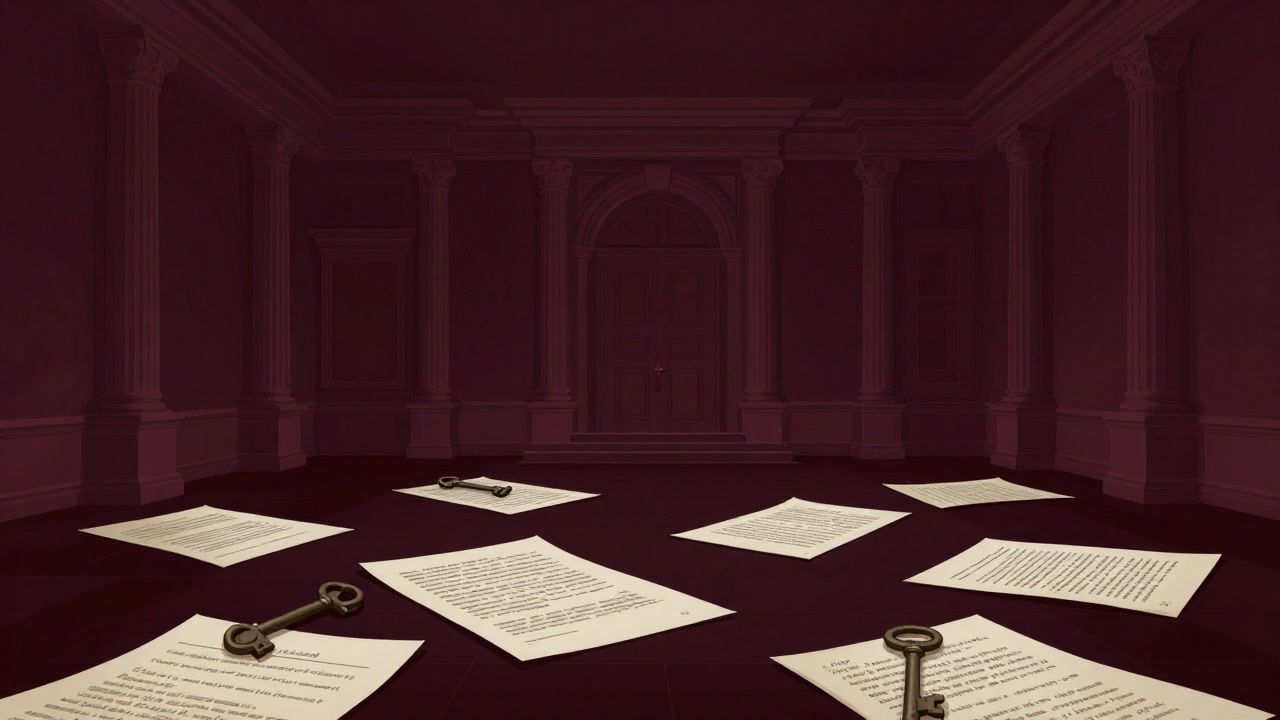 古びた屋敷の中に散乱する書類と古びた鍵束が重くのしかかる、負の遺産を象徴する画像