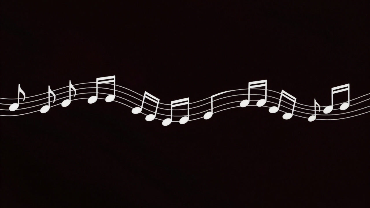 黒い背景に白い線で描かれた無数の音符が滑り繋がり続ける様子