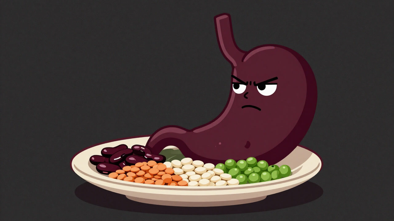 皿に山盛りの豆が積まれ、その隣になんともややこしい表情のお腹のイラスト