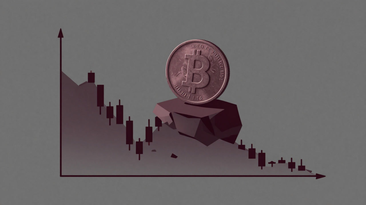 Illustration of a solitary coin standing on a crumbling graph against a gray background, looking forlorn.