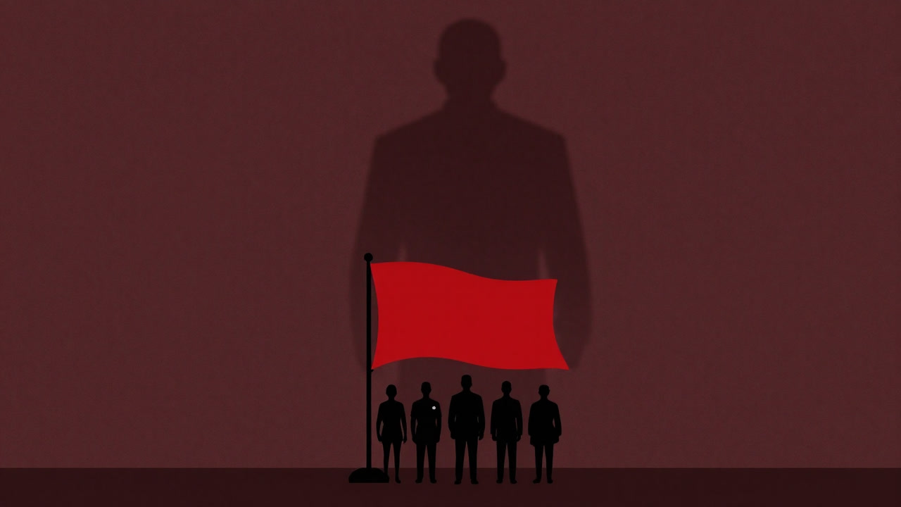 Silhouettes of people aligned under a red flag with a looming shadow of the central committee in the background.