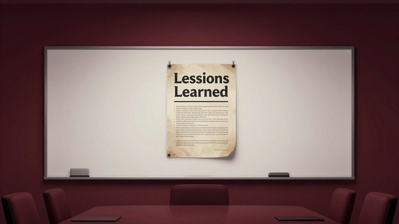 Image of a worn-out large poster titled 'Lessons Learned' left on a whiteboard