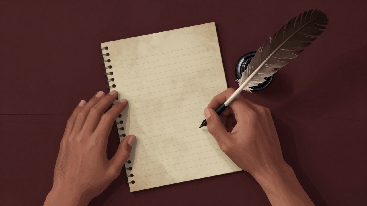 古ぼけた便箋とインク壺の前で考え込む手の画像