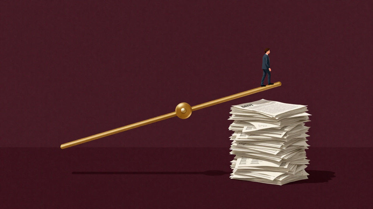 Satirical illustration of a golden lever lifting a pile of debt documents with an investor precariously standing