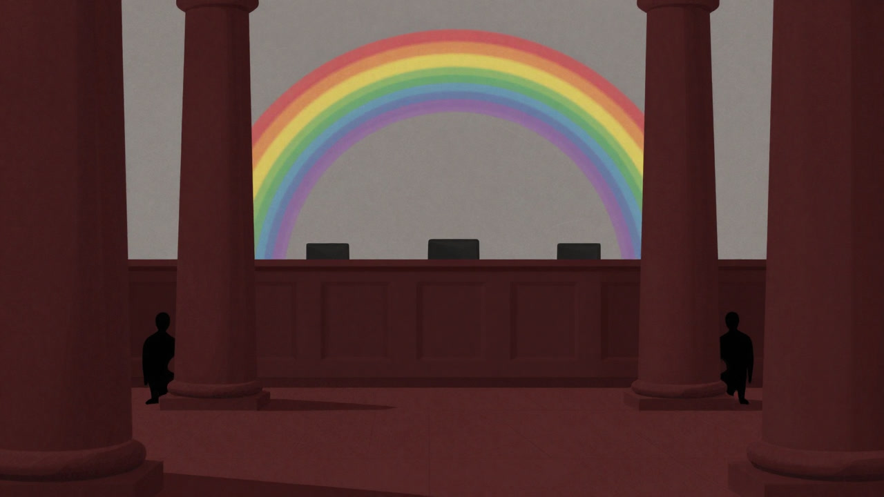 Silhouette of a courtroom under a vivid rainbow, with people hiding small in its shadow