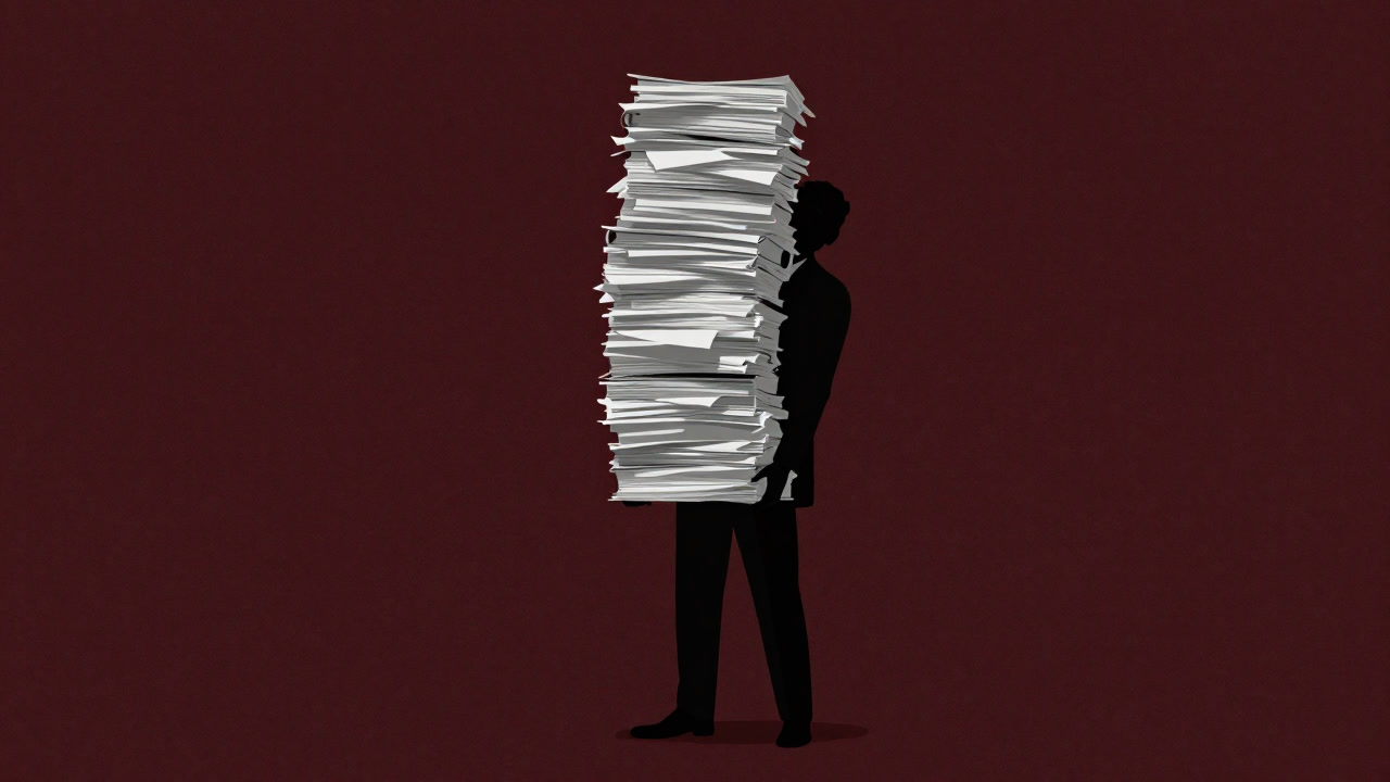 Silhouette of a businessman clutching a pile of documents with a sardonic smile