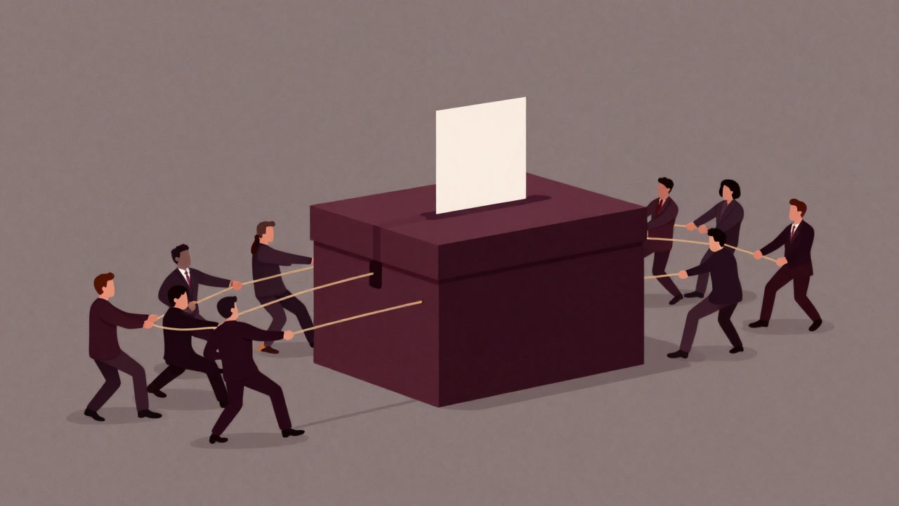 A massive ballot box surrounded by crowds pulling ropes against each other