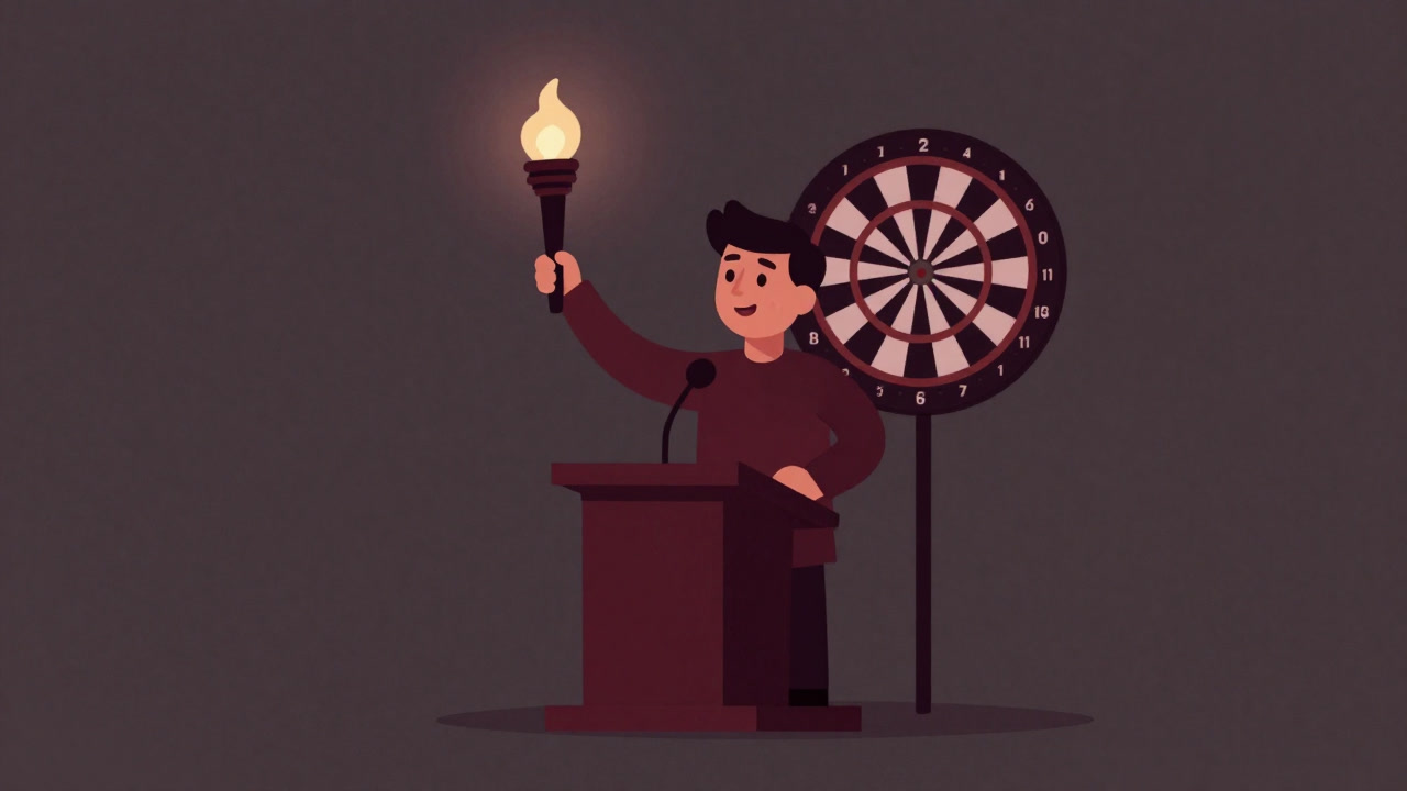 Illustration of liberalism personified standing on a podium of light, treated like air yet occasionally firing satirical arrows