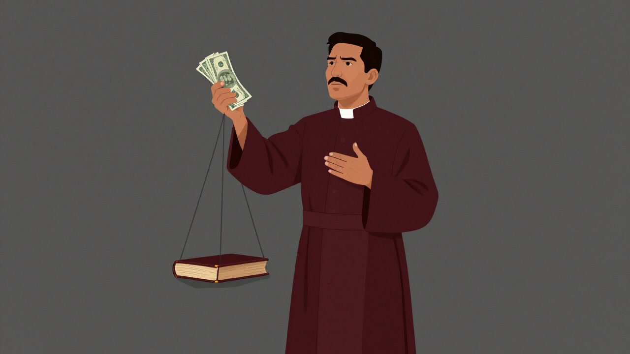 Illustration of a preacher in a Latin American slum holding a sermon, with a scale weighing a Bible against wads of cash.