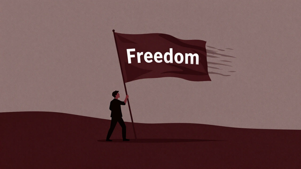Silhouette of a lone figure holding a flag, shouting freedom in isolation