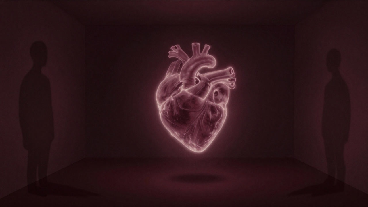 薄暗い部屋で人の影が揺れる中、心臓を模した光とともにうごめくリビドーの概念図
