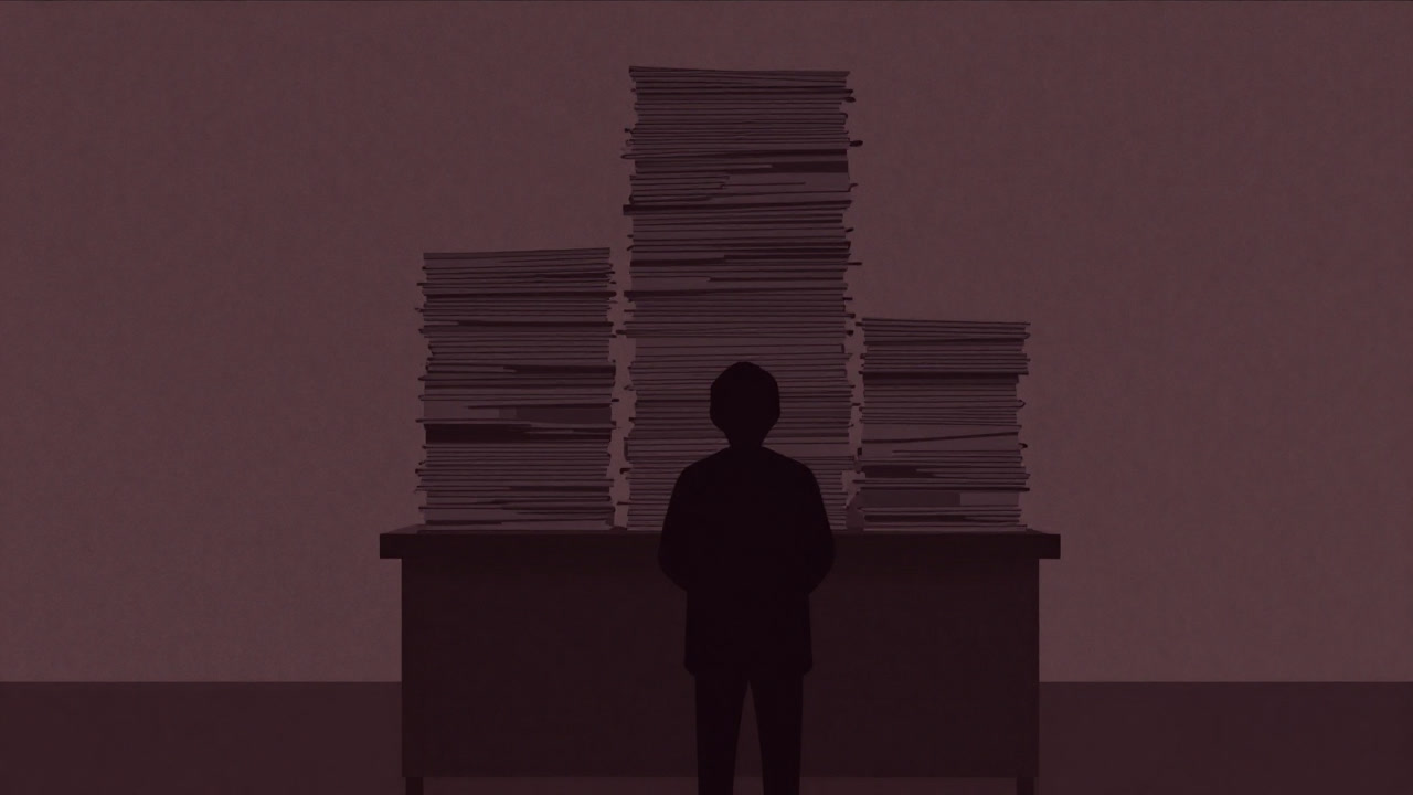 Silhouette of a person clutching their head in front of a towering stack of license agreements