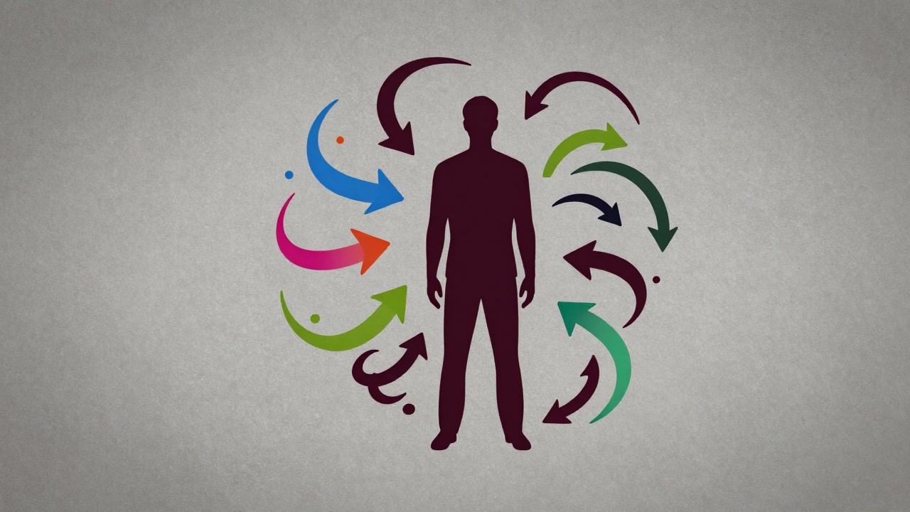 Silhouette of a person being tossed around by colorful arrows