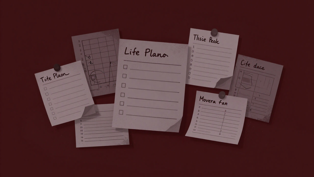 Image of a worn-out life plan notes scattered like debris on a desk