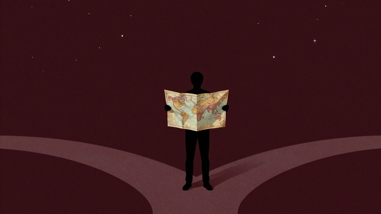 Silhouette of a person standing at an unfamiliar crossroads, holding a map with a blank expression
