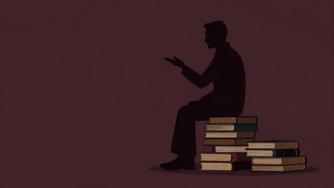 Silhouette of a stereotypical gentleman sitting atop a stack of old books, proudly narrating his own life history.