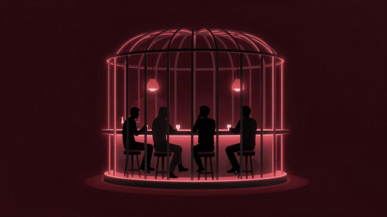 An illuminated cage-like graph locking customers inside numeric bars.